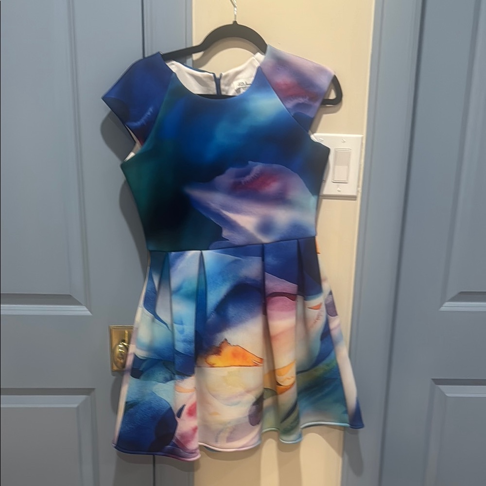 Blue Fit and Flare Cocktail Dress with Flutter Sleeves